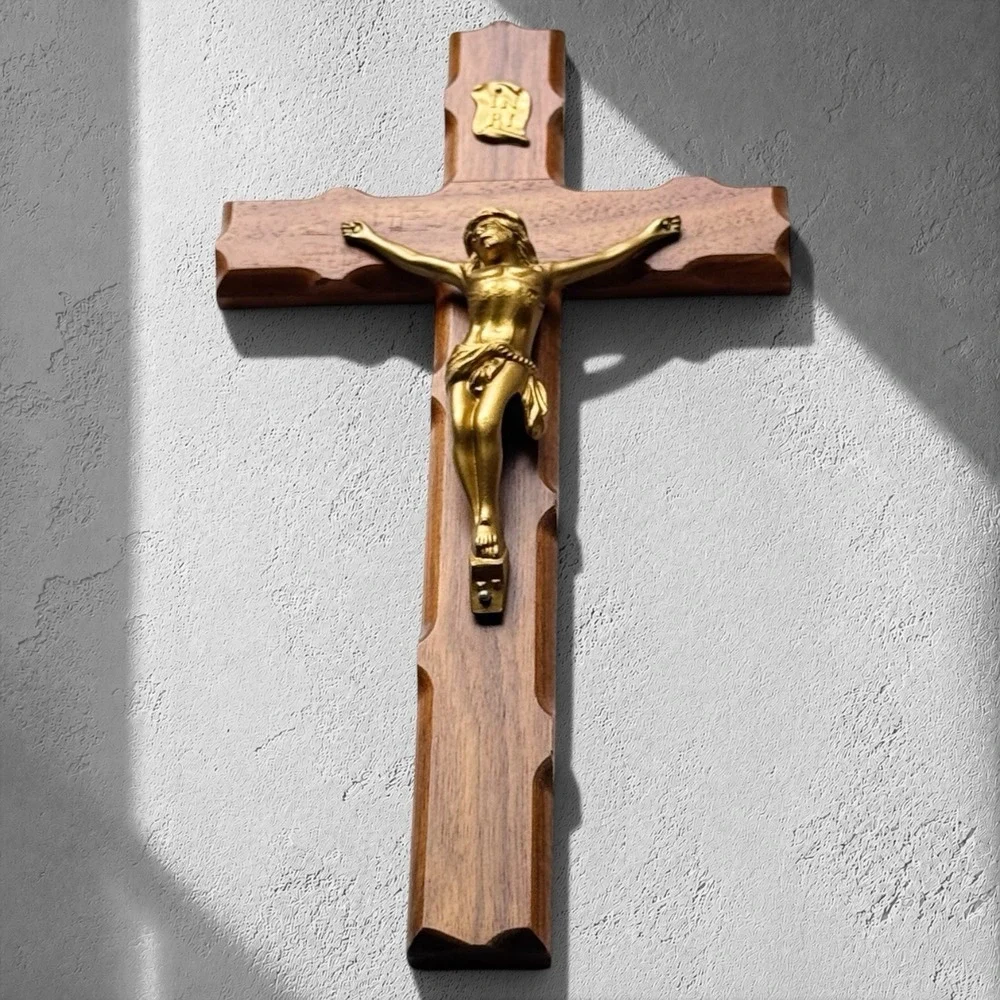 Vintage 1975 Wooden Wall Crucifix Cross Cast Brass Corpus INRI Signed‎ 12 Inch
